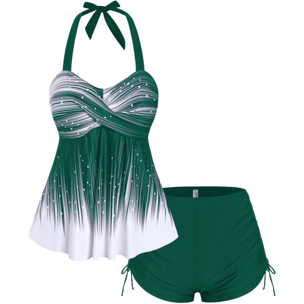 image:imageROSE GAL Womens Plus Size Halter Backless Empire Waist Modest Boyshorts Tankini Swimsuit SetGreen1