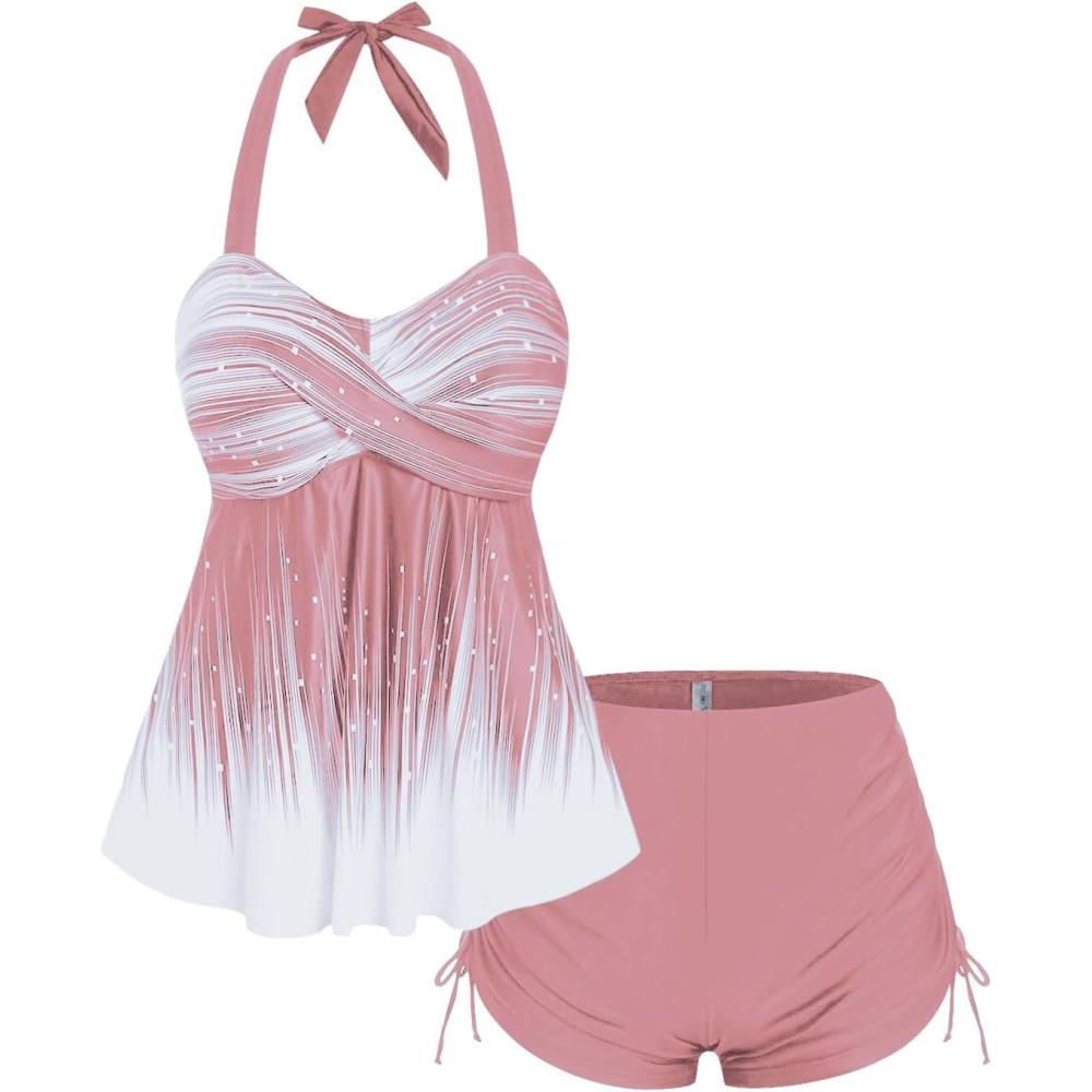 image:imageROSE GAL Womens Plus Size Halter Backless Empire Waist Modest Boyshorts Tankini Swimsuit SetPink1