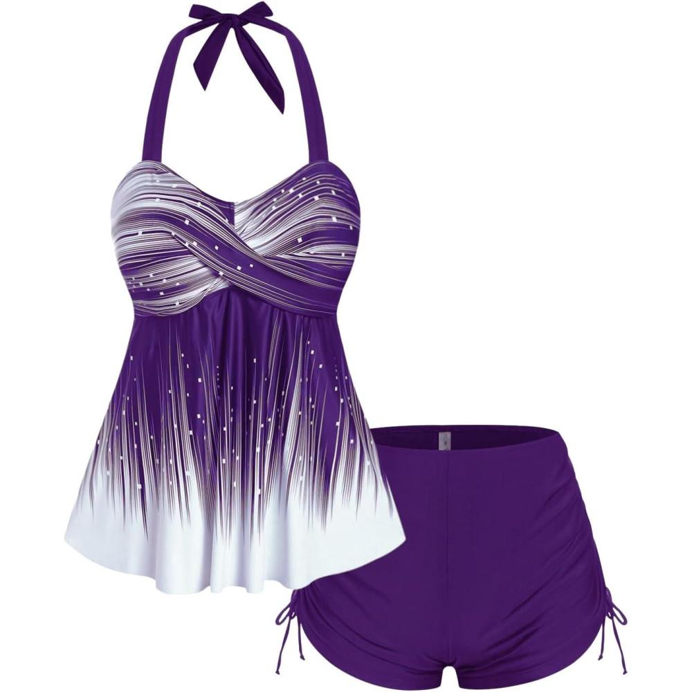 image:imageROSE GAL Womens Plus Size Halter Backless Empire Waist Modest Boyshorts Tankini Swimsuit SetPurple1