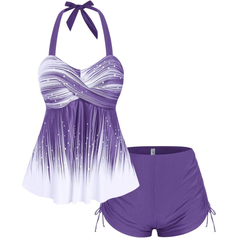 image:imageROSE GAL Womens Plus Size Halter Backless Empire Waist Modest Boyshorts Tankini Swimsuit SetPurple2