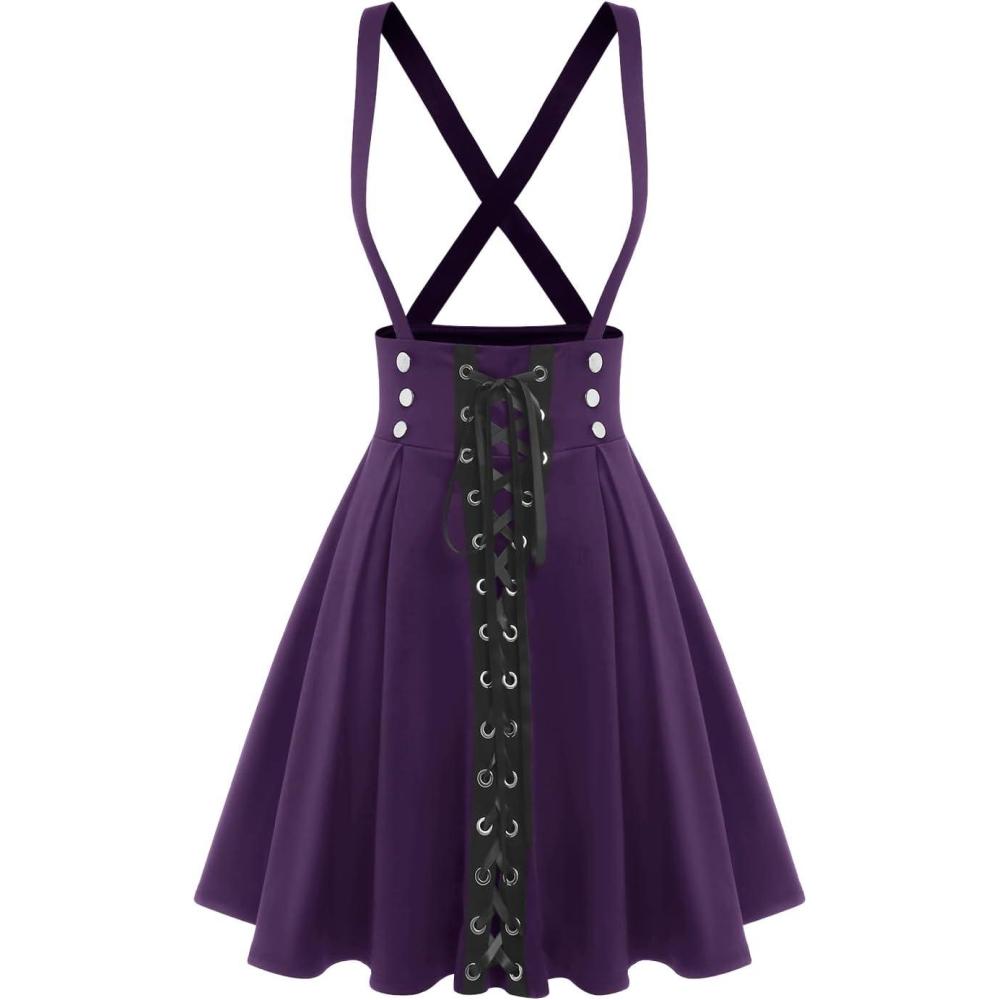 image:imageROSE GAL Womens Plus Size High Waist Tie Dress Gothic Lace Up Buckles Godet Hem A Line Suspender SkirtPurple