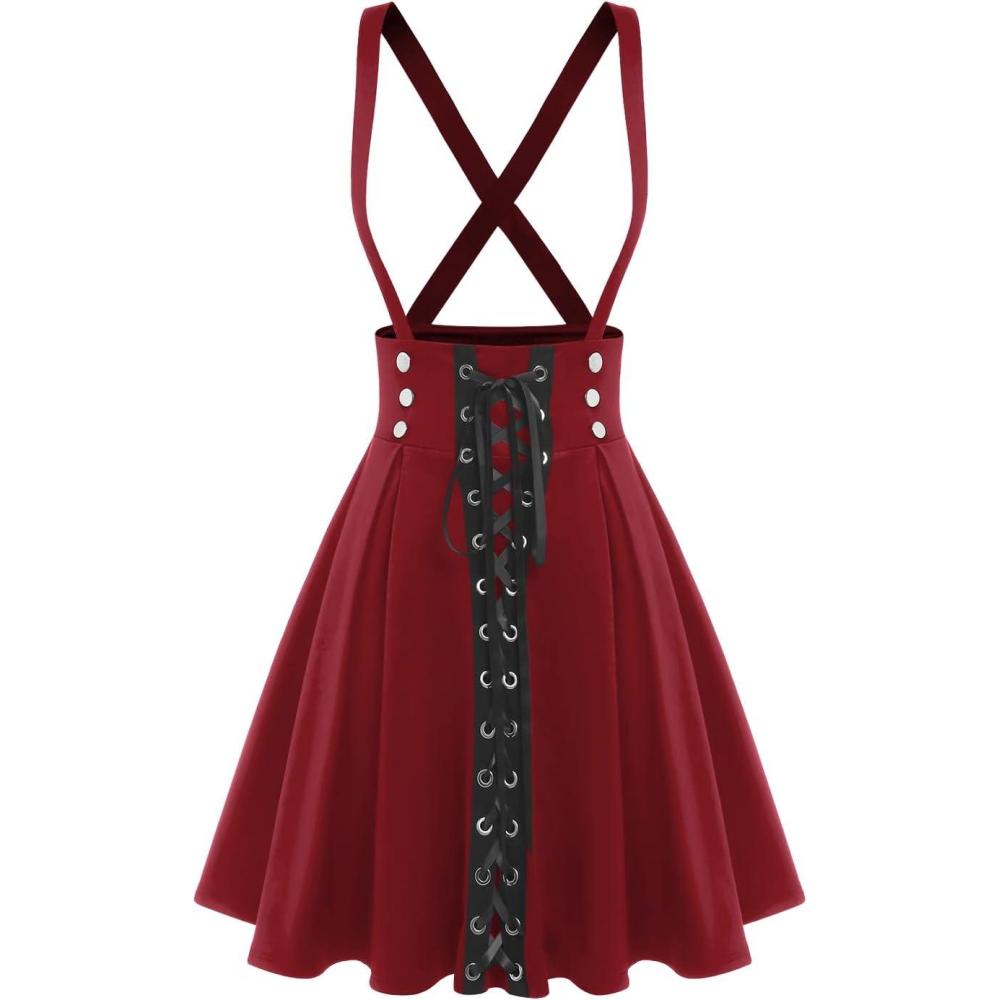 image:imageROSE GAL Womens Plus Size High Waist Tie Dress Gothic Lace Up Buckles Godet Hem A Line Suspender SkirtRed