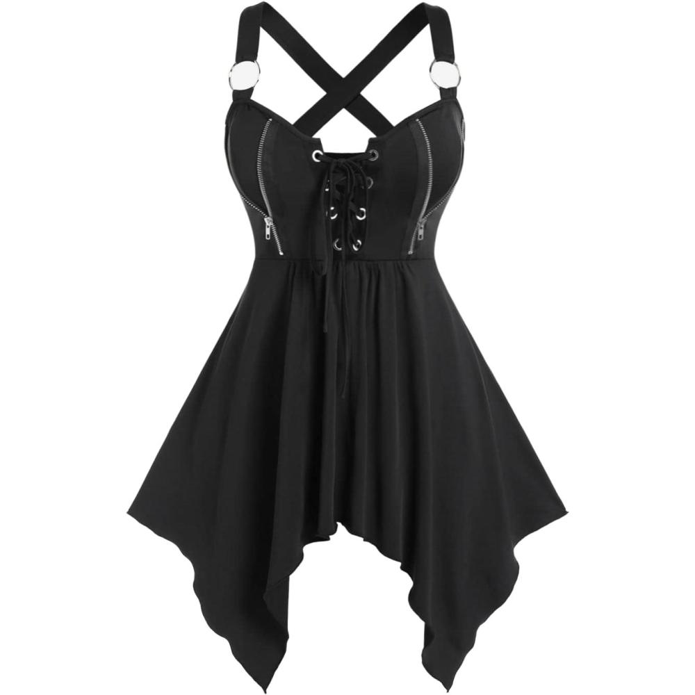 image:imageROSE GAL Womens Plus Size Lace Up Zipper Crisscross Handkerchief Tank TopBlack10