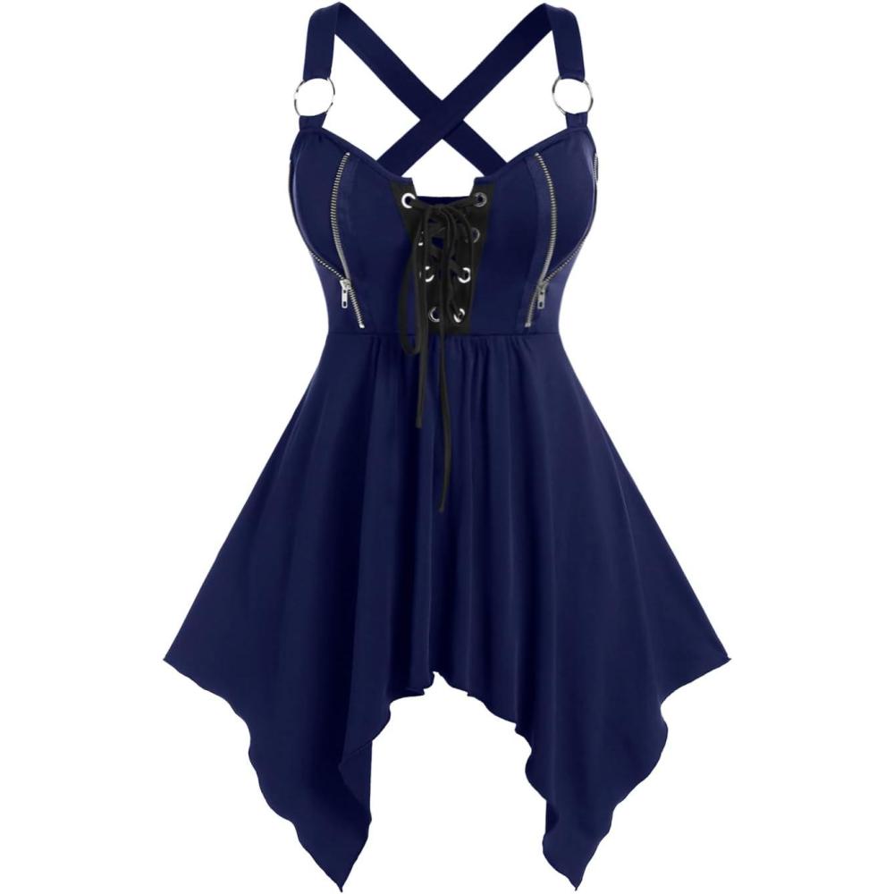 image:imageROSE GAL Womens Plus Size Lace Up Zipper Crisscross Handkerchief Tank TopBlue