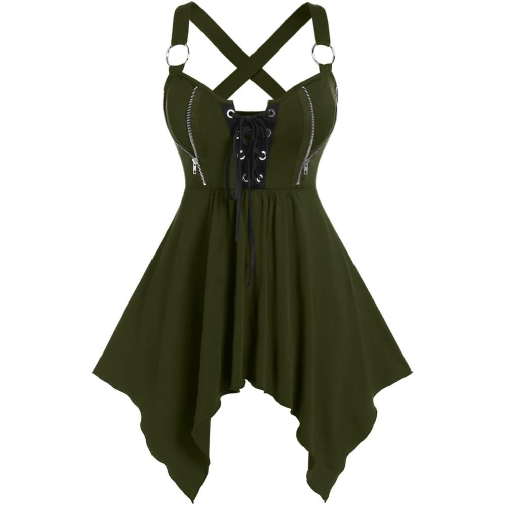 image:imageROSE GAL Womens Plus Size Lace Up Zipper Crisscross Handkerchief Tank TopGreen1