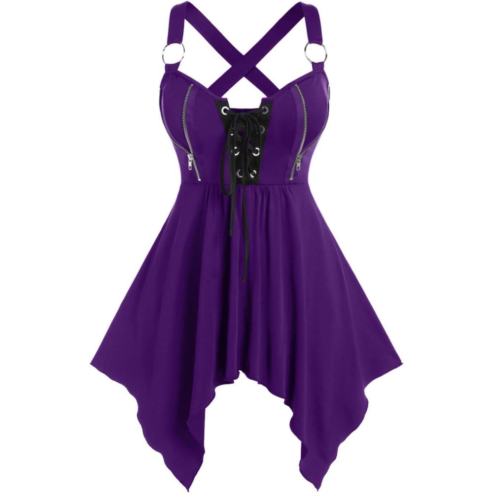 image:imageROSE GAL Womens Plus Size Lace Up Zipper Crisscross Handkerchief Tank TopPurple