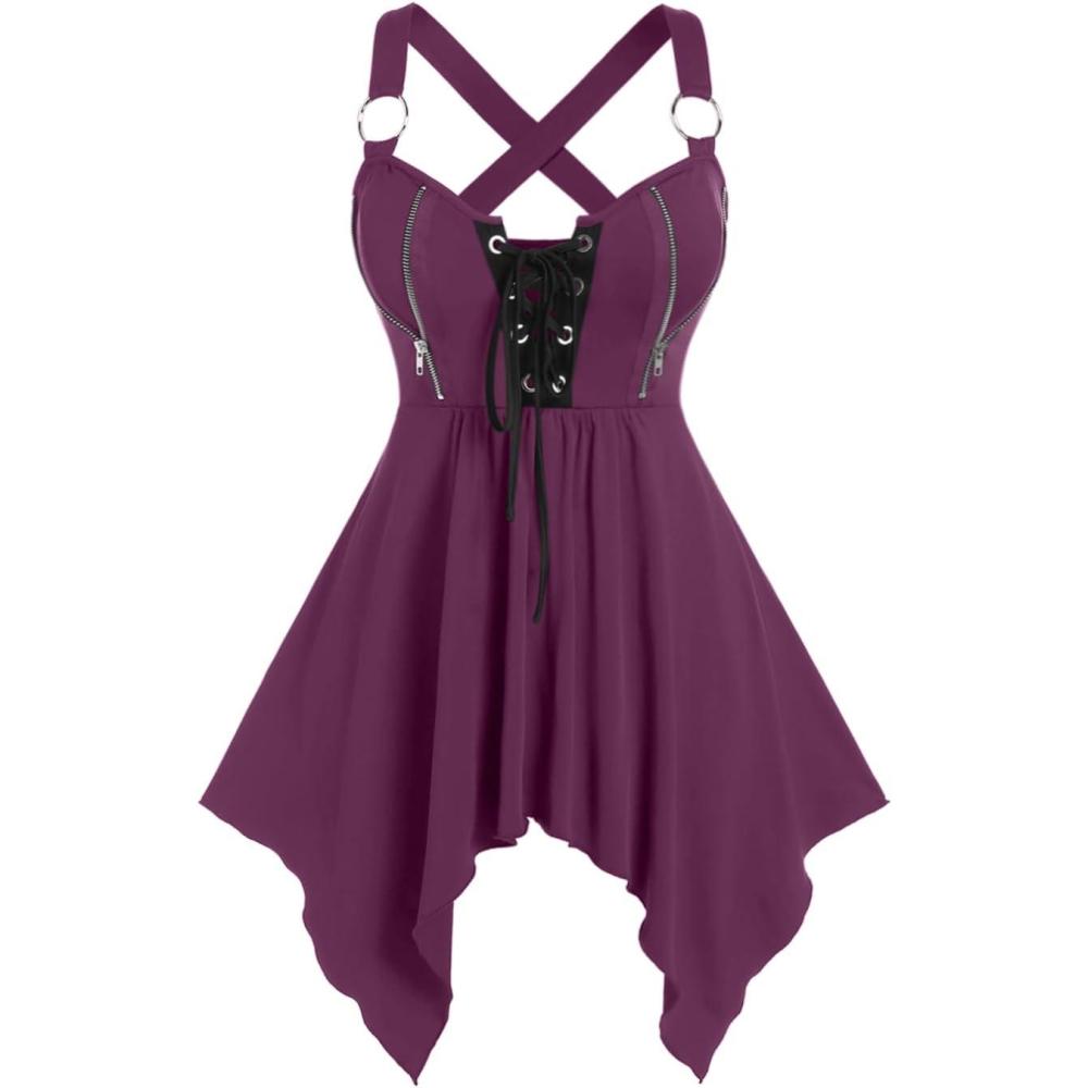 image:imageROSE GAL Womens Plus Size Lace Up Zipper Crisscross Handkerchief Tank TopPurple3