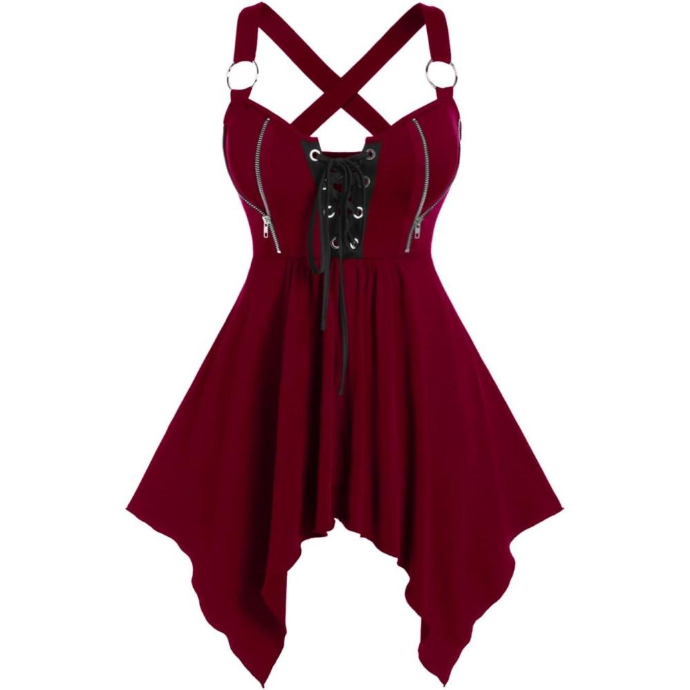 image:imageROSE GAL Womens Plus Size Lace Up Zipper Crisscross Handkerchief Tank TopRed
