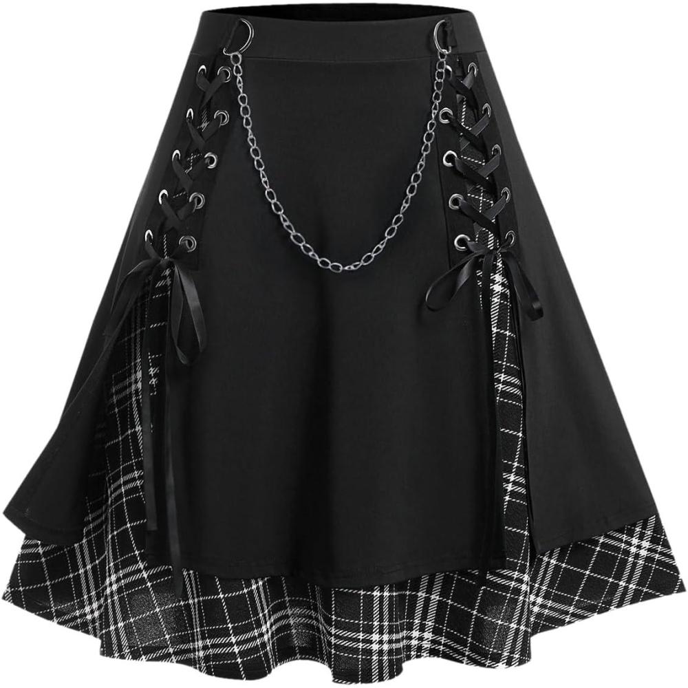 image:imageROSE GAL Womens Plus Size Mini ALine Gothic Skirt Casual Plain Chain Detail High Waisted Short Stitching Plaid PleatedBlack