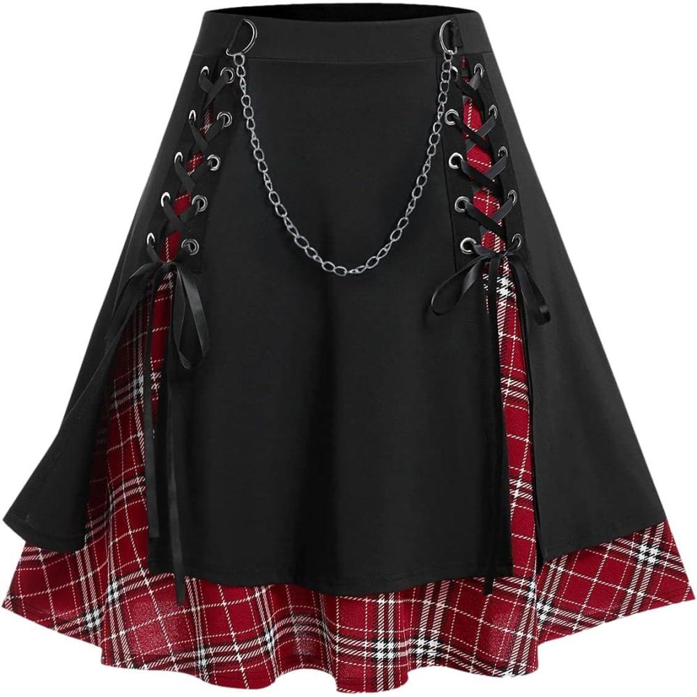 image:imageROSE GAL Womens Plus Size Mini ALine Gothic Skirt Casual Plain Chain Detail High Waisted Short Stitching Plaid PleatedBlack2