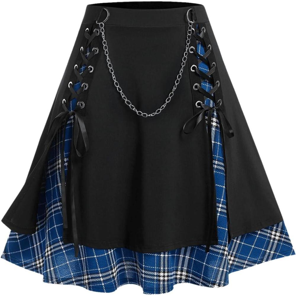 image:imageROSE GAL Womens Plus Size Mini ALine Gothic Skirt Casual Plain Chain Detail High Waisted Short Stitching Plaid PleatedBlue