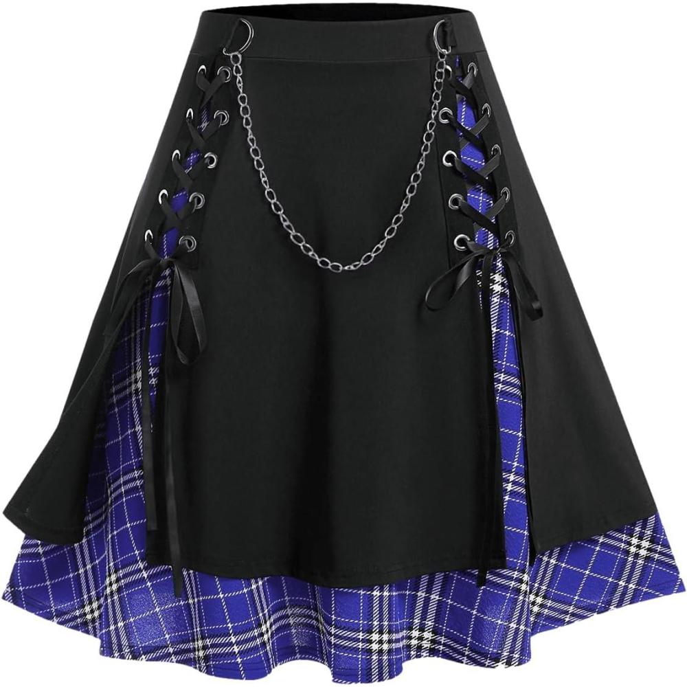 image:imageROSE GAL Womens Plus Size Mini ALine Gothic Skirt Casual Plain Chain Detail High Waisted Short Stitching Plaid PleatedBlue1