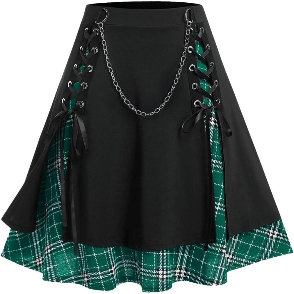 image:imageROSE GAL Womens Plus Size Mini ALine Gothic Skirt Casual Plain Chain Detail High Waisted Short Stitching Plaid PleatedGreen