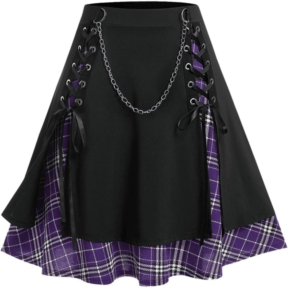 image:imageROSE GAL Womens Plus Size Mini ALine Gothic Skirt Casual Plain Chain Detail High Waisted Short Stitching Plaid PleatedPurple