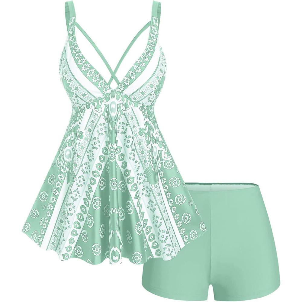 image:imageROSE GAL Womens Plus Size Tribal Geo Print Crisscross Padded Boyshorts Tankini SwimsuitGreen1