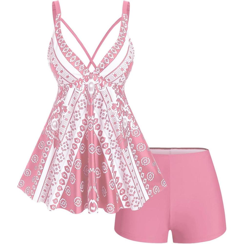 image:imageROSE GAL Womens Plus Size Tribal Geo Print Crisscross Padded Boyshorts Tankini SwimsuitPink1