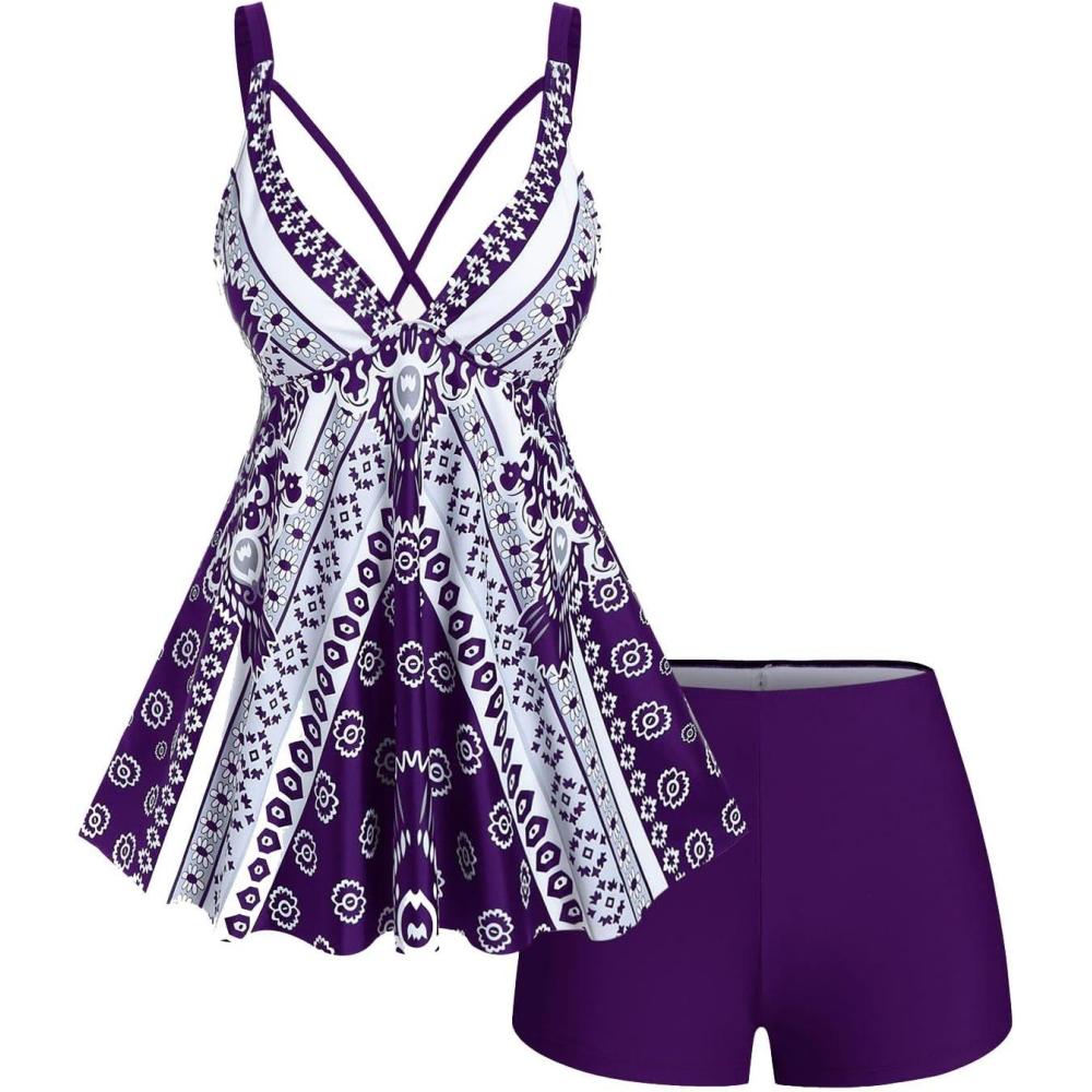 image:imageROSE GAL Womens Plus Size Tribal Geo Print Crisscross Padded Boyshorts Tankini SwimsuitPurple1
