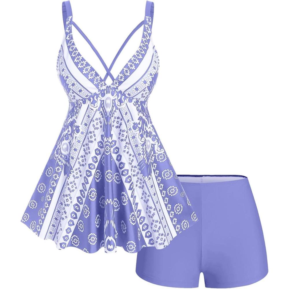 image:imageROSE GAL Womens Plus Size Tribal Geo Print Crisscross Padded Boyshorts Tankini SwimsuitPurple3