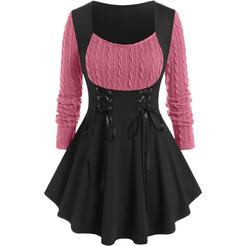 image:imageROSE GAL Womens Plus Size Tunic Tops Fall Casual Long Sleeve TShirt Goth Shirt V Neck Loose Blouses Swing TunicPink