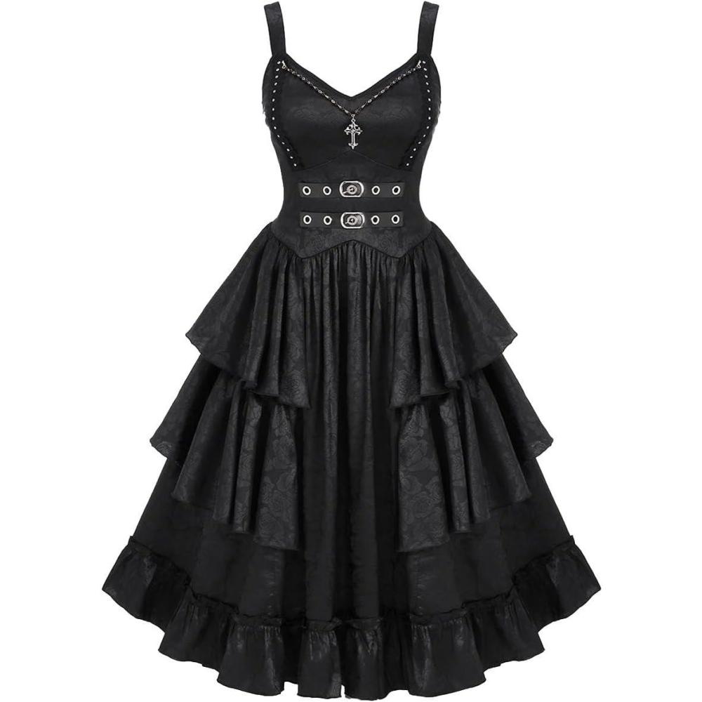 image:imageROSE GAL Womens Plus Size Victorian Gothic Jacquard Grommets Buckle Cross Layered Sleeveless Midi DressBlack