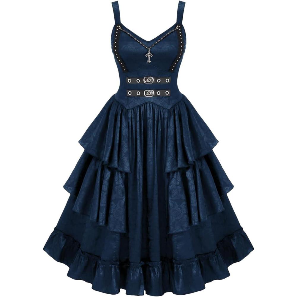 image:imageROSE GAL Womens Plus Size Victorian Gothic Jacquard Grommets Buckle Cross Layered Sleeveless Midi DressBlue