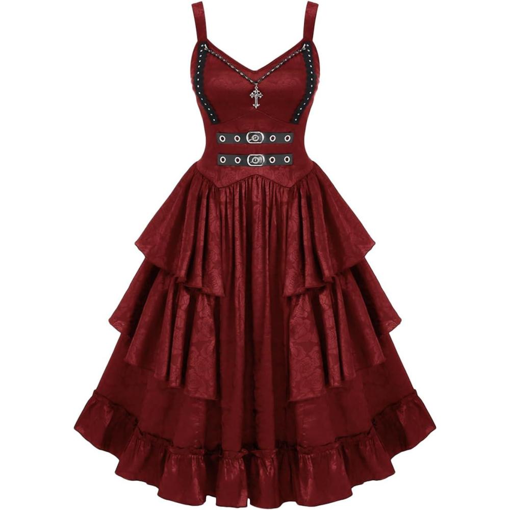 image:imageROSE GAL Womens Plus Size Victorian Gothic Jacquard Grommets Buckle Cross Layered Sleeveless Midi DressRed