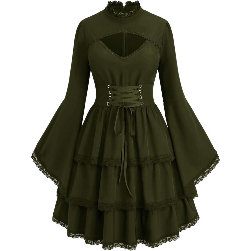 image:imageROSE GAL Womens Plus Size Victorian Gothic Laceup Layered Lace Trim Cutout Trumpet Sleeves Knee Length DressArmy Green