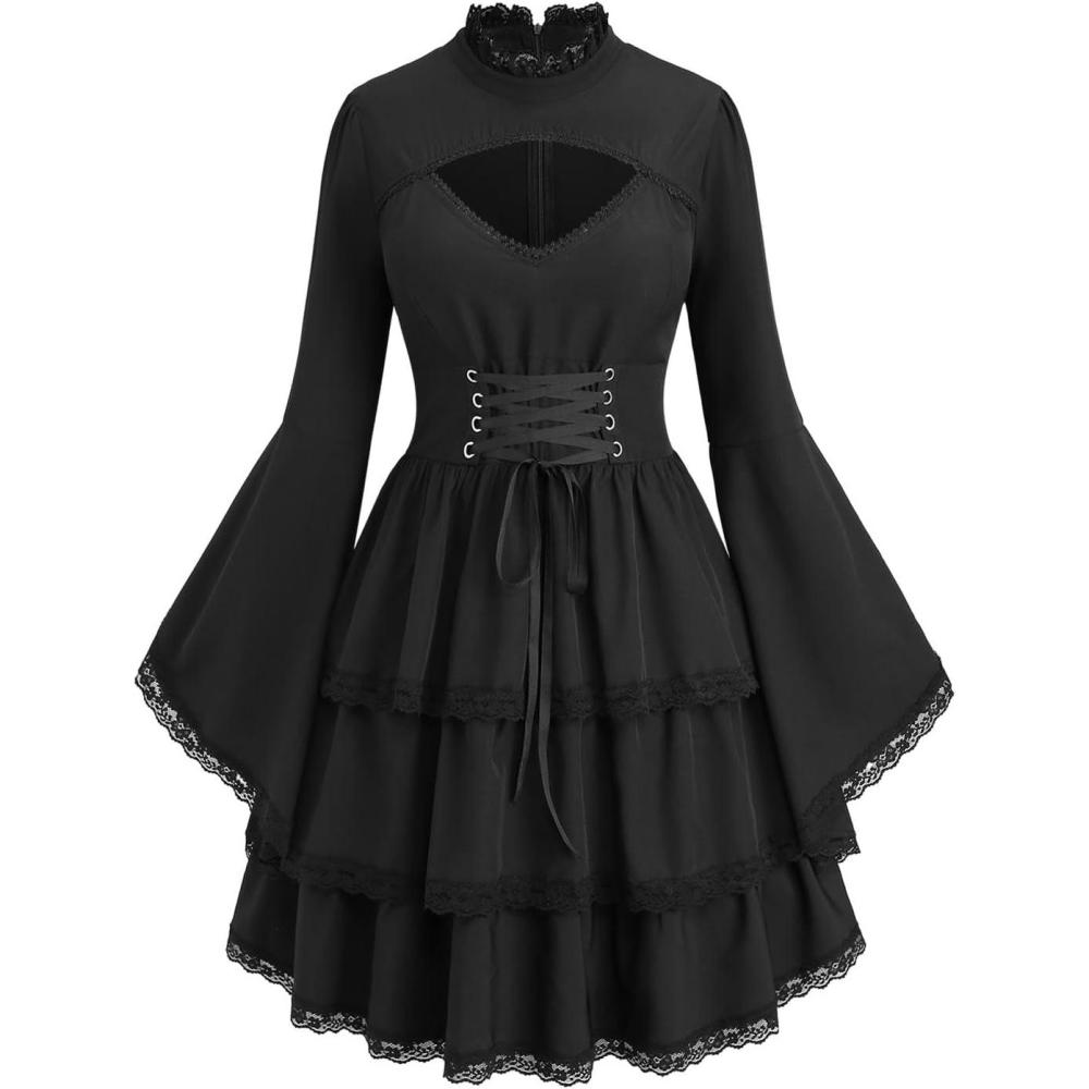 image:imageROSE GAL Womens Plus Size Victorian Gothic Laceup Layered Lace Trim Cutout Trumpet Sleeves Knee Length DressBlack1