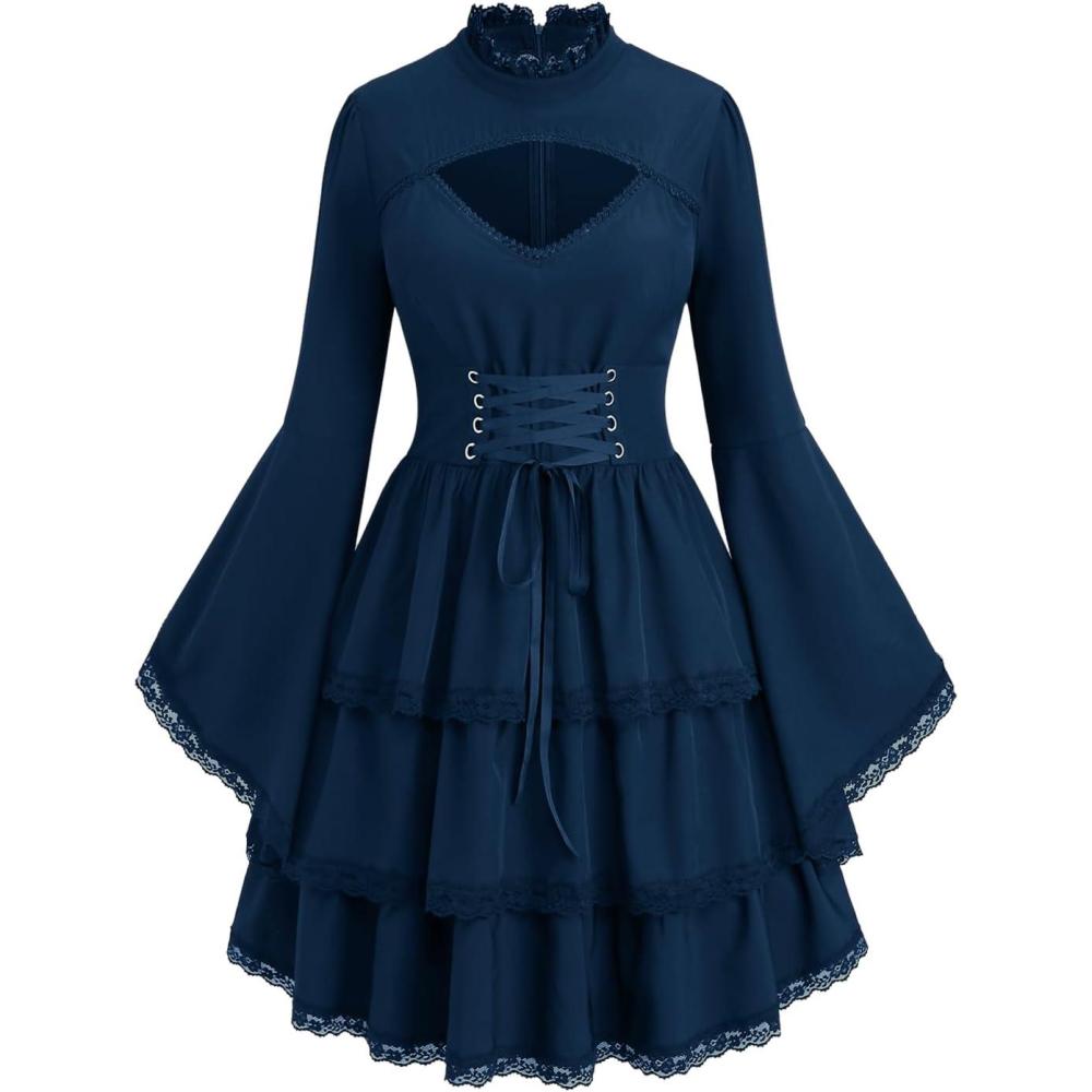 image:imageROSE GAL Womens Plus Size Victorian Gothic Laceup Layered Lace Trim Cutout Trumpet Sleeves Knee Length DressBlue