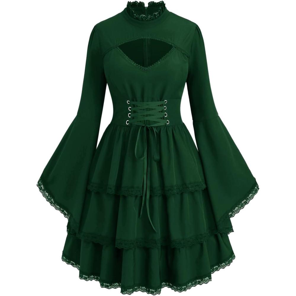 image:imageROSE GAL Womens Plus Size Victorian Gothic Laceup Layered Lace Trim Cutout Trumpet Sleeves Knee Length DressGreen