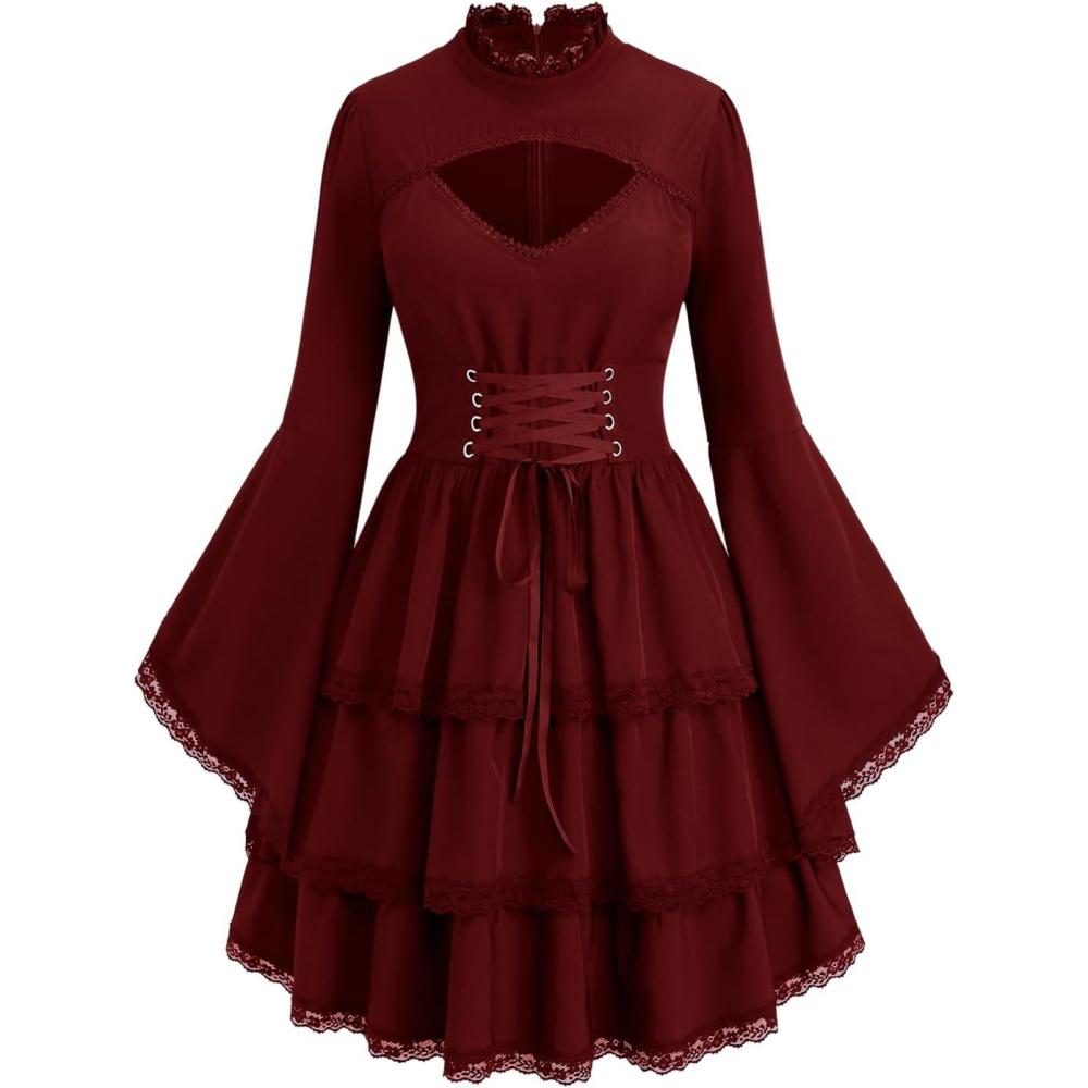 image:imageROSE GAL Womens Plus Size Victorian Gothic Laceup Layered Lace Trim Cutout Trumpet Sleeves Knee Length DressRed