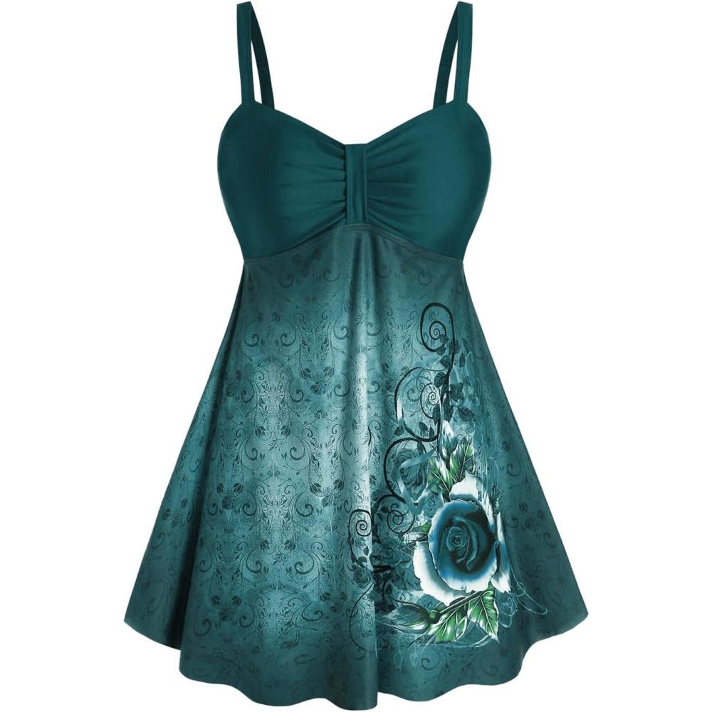 image:imageRosegal Gothic Floral Tribal Print Empire Waist Tankini SwimsuitPeacock Green
