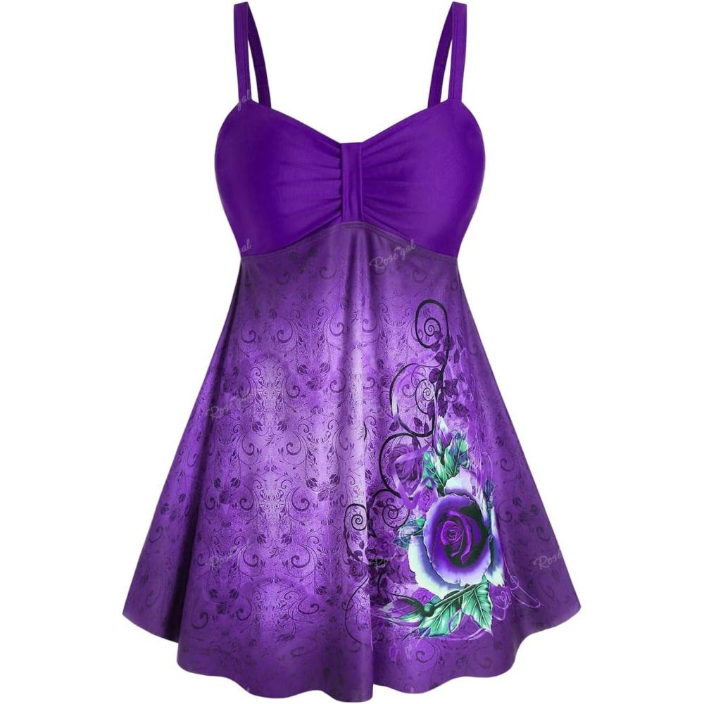 image:imageRosegal Gothic Floral Tribal Print Empire Waist Tankini SwimsuitPurple