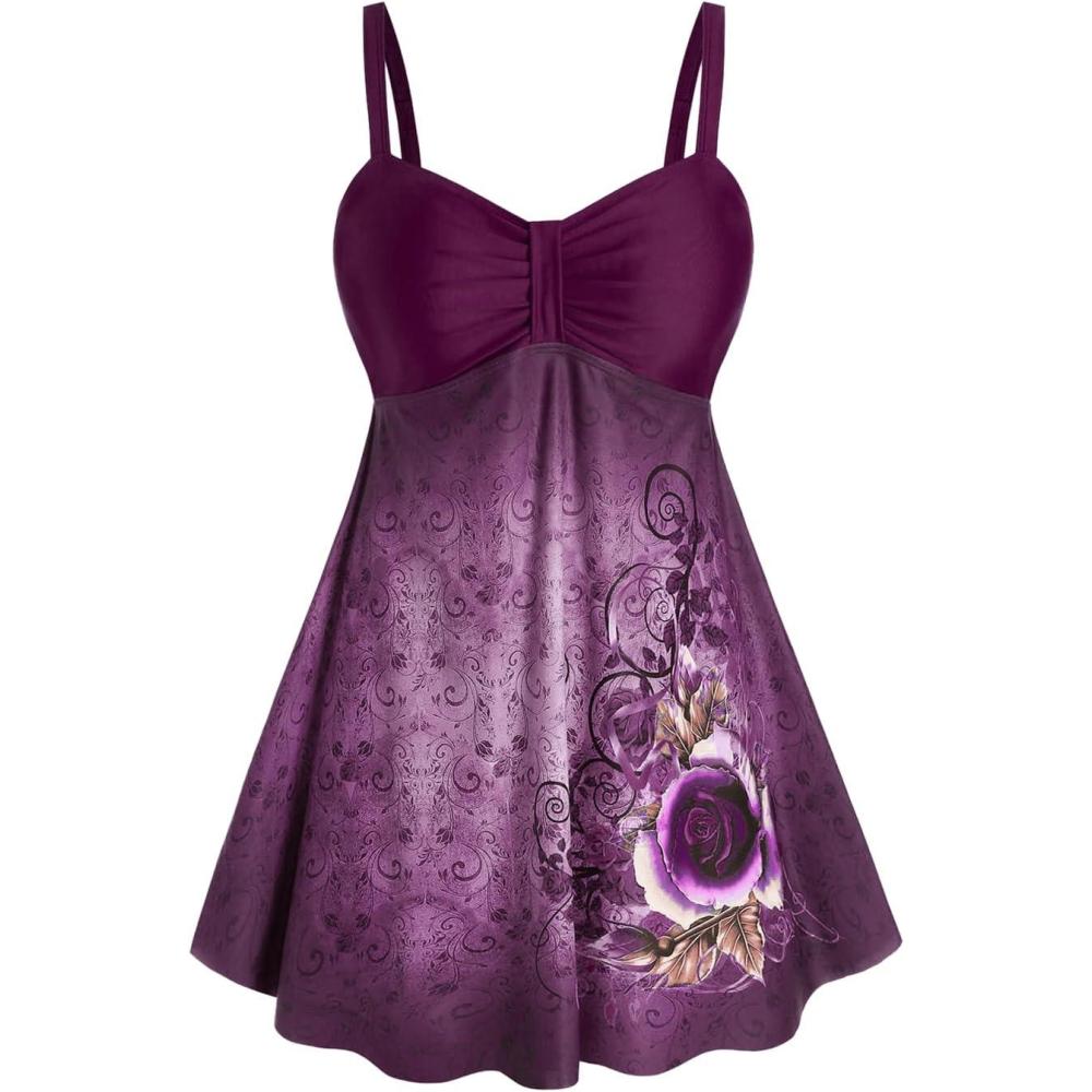 image:imageRosegal Gothic Floral Tribal Print Empire Waist Tankini SwimsuitPurple10
