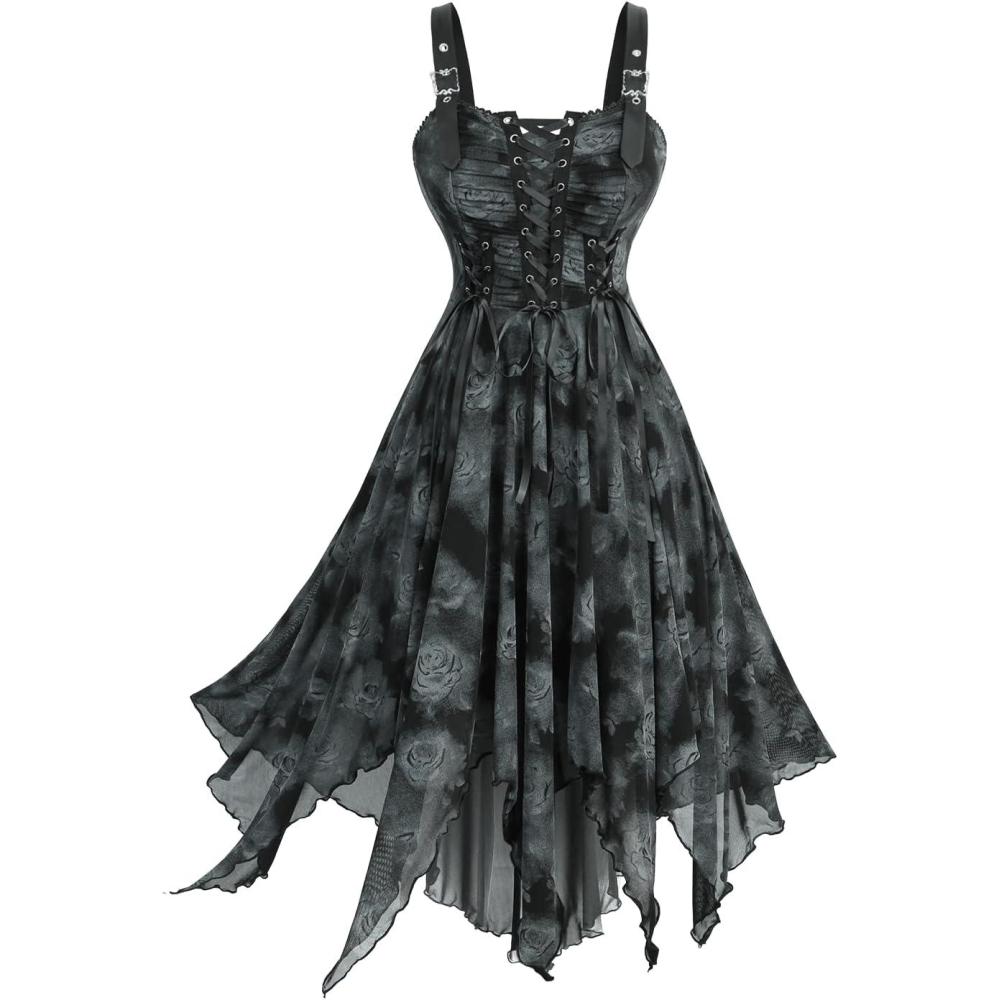 image:imageRosegal Plus Size Halloween Costume Tie Dye Rose Print Laceup Buckled Straps Handkerchief Hem Tank Goth DressBlack