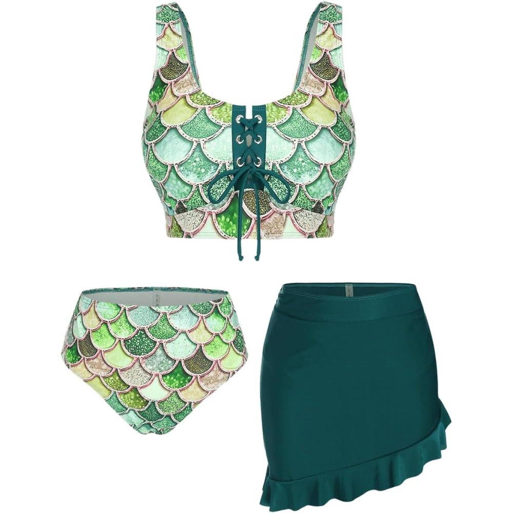 image:imageRosegal Plus Size Women 3 Piece Tankini Swimsuit Holographic Mermaid Scale Print Laceup Bathing Suit SwimwearGreen