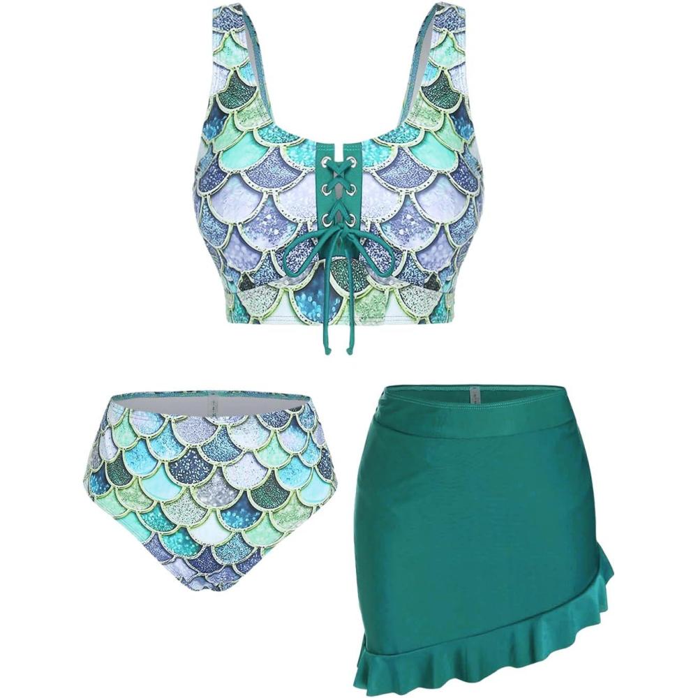 image:imageRosegal Plus Size Women 3 Piece Tankini Swimsuit Holographic Mermaid Scale Print Laceup Bathing Suit SwimwearGreen1