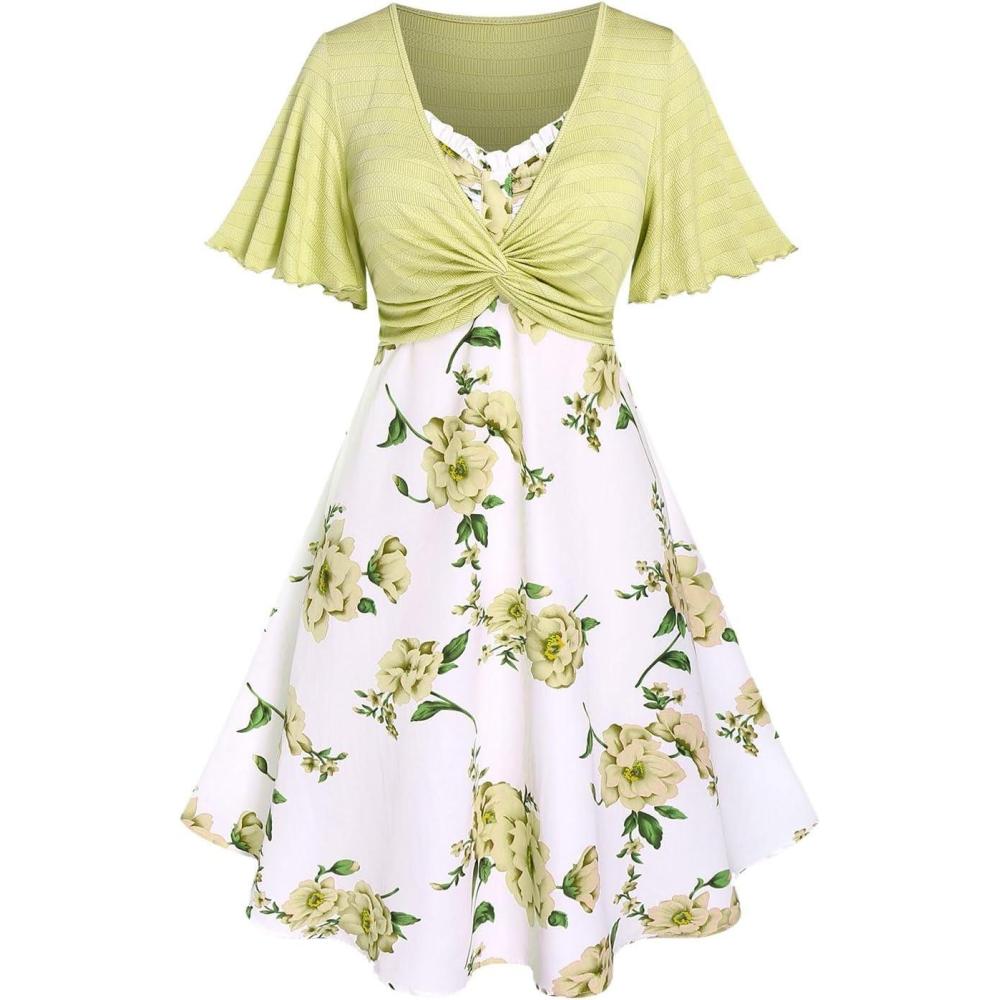 image:imageRosegal Plus Size Women Floral Sundress Set Twisted Crop Top and Cottagecore Ruffles Floral Cami DressYellow1