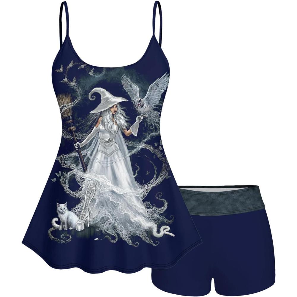 image:imageRosegal Plus Size Women Gothic Tummy Control Modest Tankini Swimsuit Fairy Cat Print Boyleg Padded Tankini SwimwearBlue1