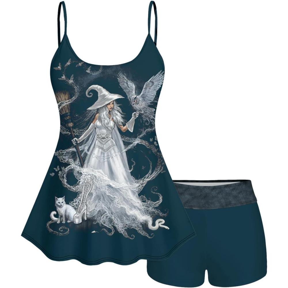 image:imageRosegal Plus Size Women Gothic Tummy Control Modest Tankini Swimsuit Fairy Cat Print Boyleg Padded Tankini SwimwearGreen1