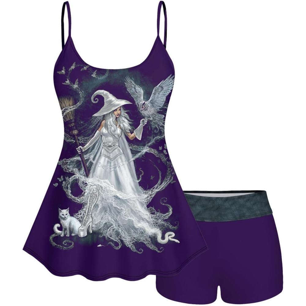image:imageRosegal Plus Size Women Gothic Tummy Control Modest Tankini Swimsuit Fairy Cat Print Boyleg Padded Tankini SwimwearPurple1