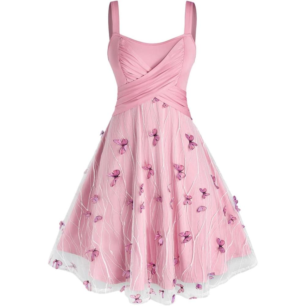 image:imageRosegal Plus Size Women Summer Casual Sundress Tulle Butterfly Overlay KneeLength A Line Dress Twist Swing DressPink1