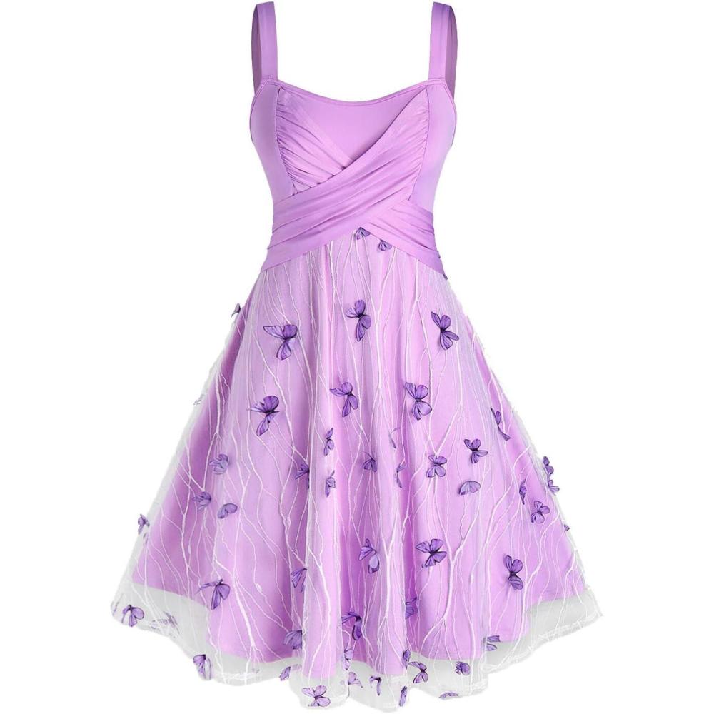 image:imageRosegal Plus Size Women Summer Casual Sundress Tulle Butterfly Overlay KneeLength A Line Dress Twist Swing DressPurple1