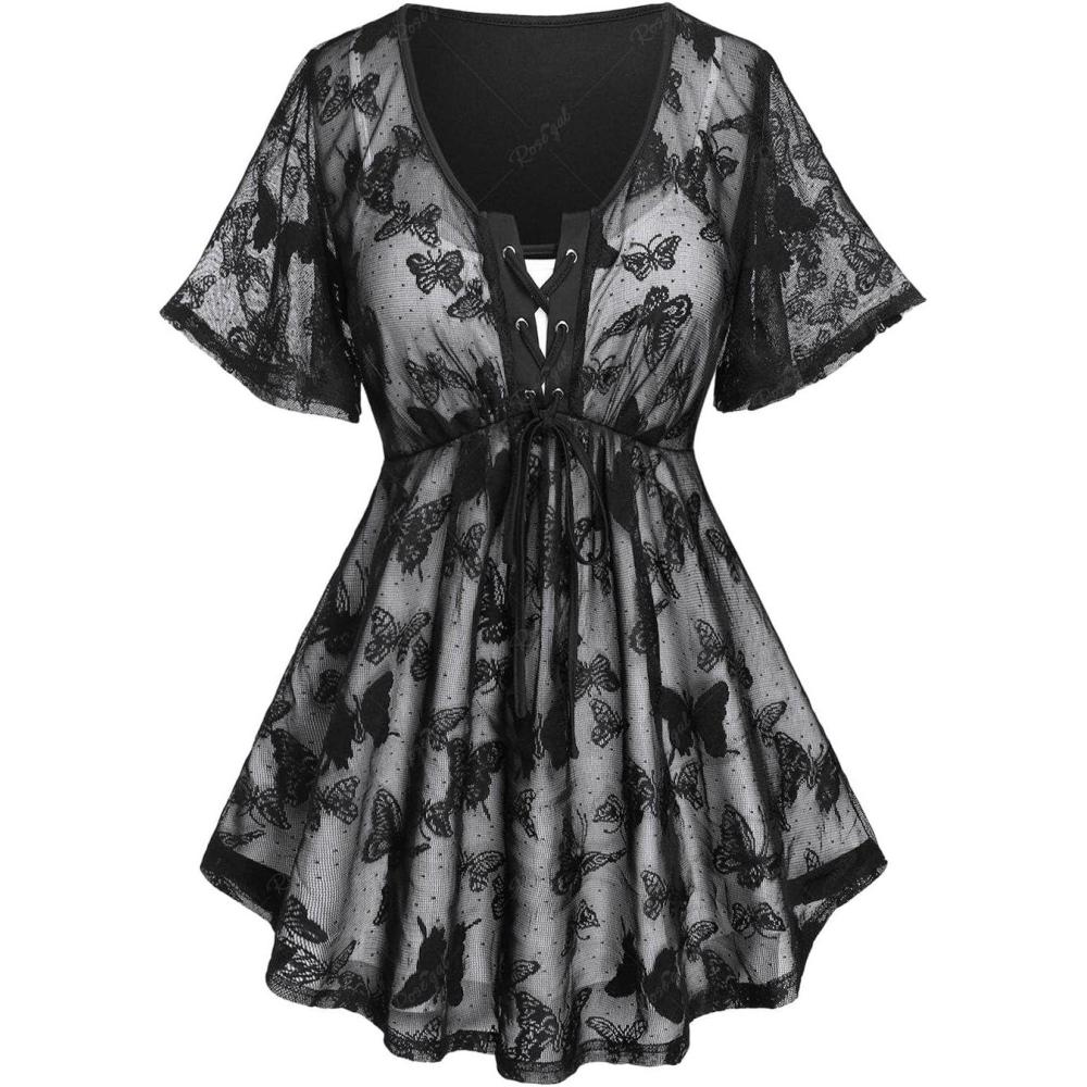 image:imageRosegal Plus Size Womens V Neck Butterfly Lace Overlay Laceup 2 in 1 Blouse Short Flutter Sleeve Flowy TopBlack1