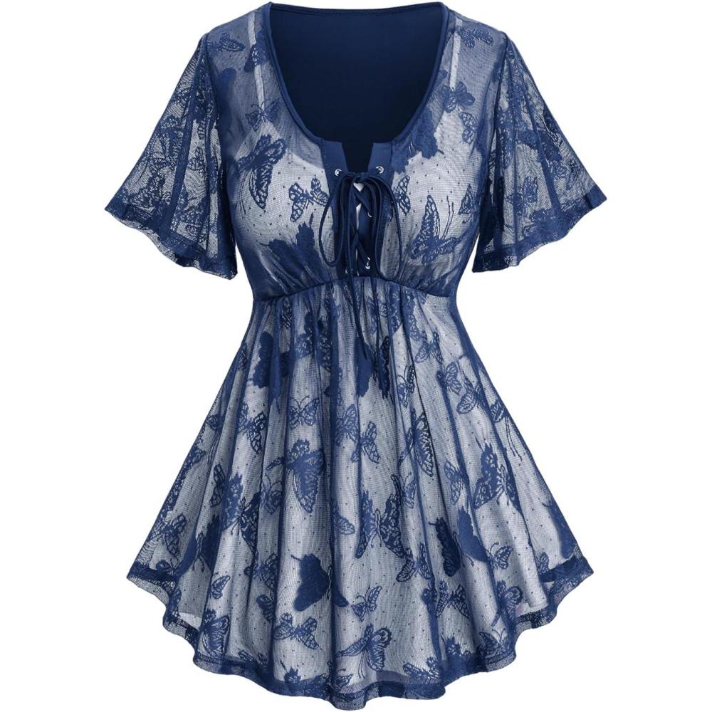 image:imageRosegal Plus Size Womens V Neck Butterfly Lace Overlay Laceup 2 in 1 Blouse Short Flutter Sleeve Flowy TopBlue