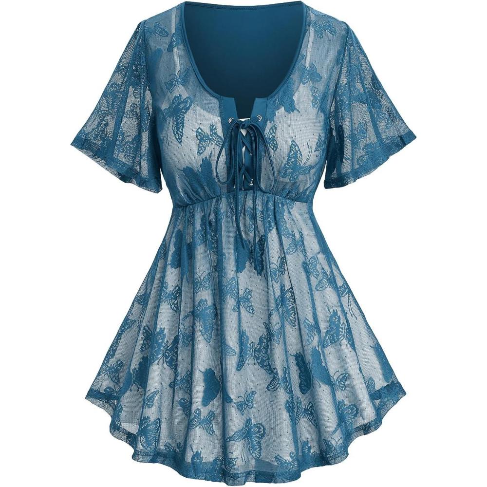 image:imageRosegal Plus Size Womens V Neck Butterfly Lace Overlay Laceup 2 in 1 Blouse Short Flutter Sleeve Flowy TopBlue2