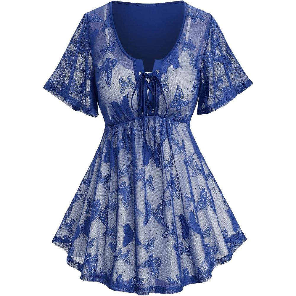 image:imageRosegal Plus Size Womens V Neck Butterfly Lace Overlay Laceup 2 in 1 Blouse Short Flutter Sleeve Flowy TopBlue3