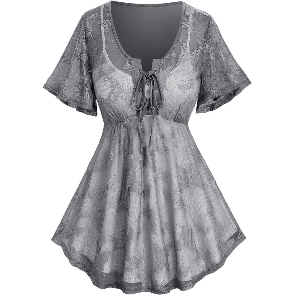 image:imageRosegal Plus Size Womens V Neck Butterfly Lace Overlay Laceup 2 in 1 Blouse Short Flutter Sleeve Flowy TopGray