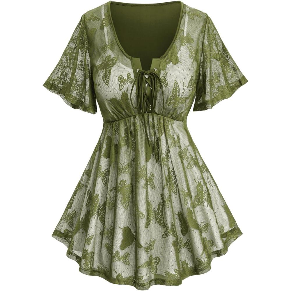 image:imageRosegal Plus Size Womens V Neck Butterfly Lace Overlay Laceup 2 in 1 Blouse Short Flutter Sleeve Flowy TopGreen