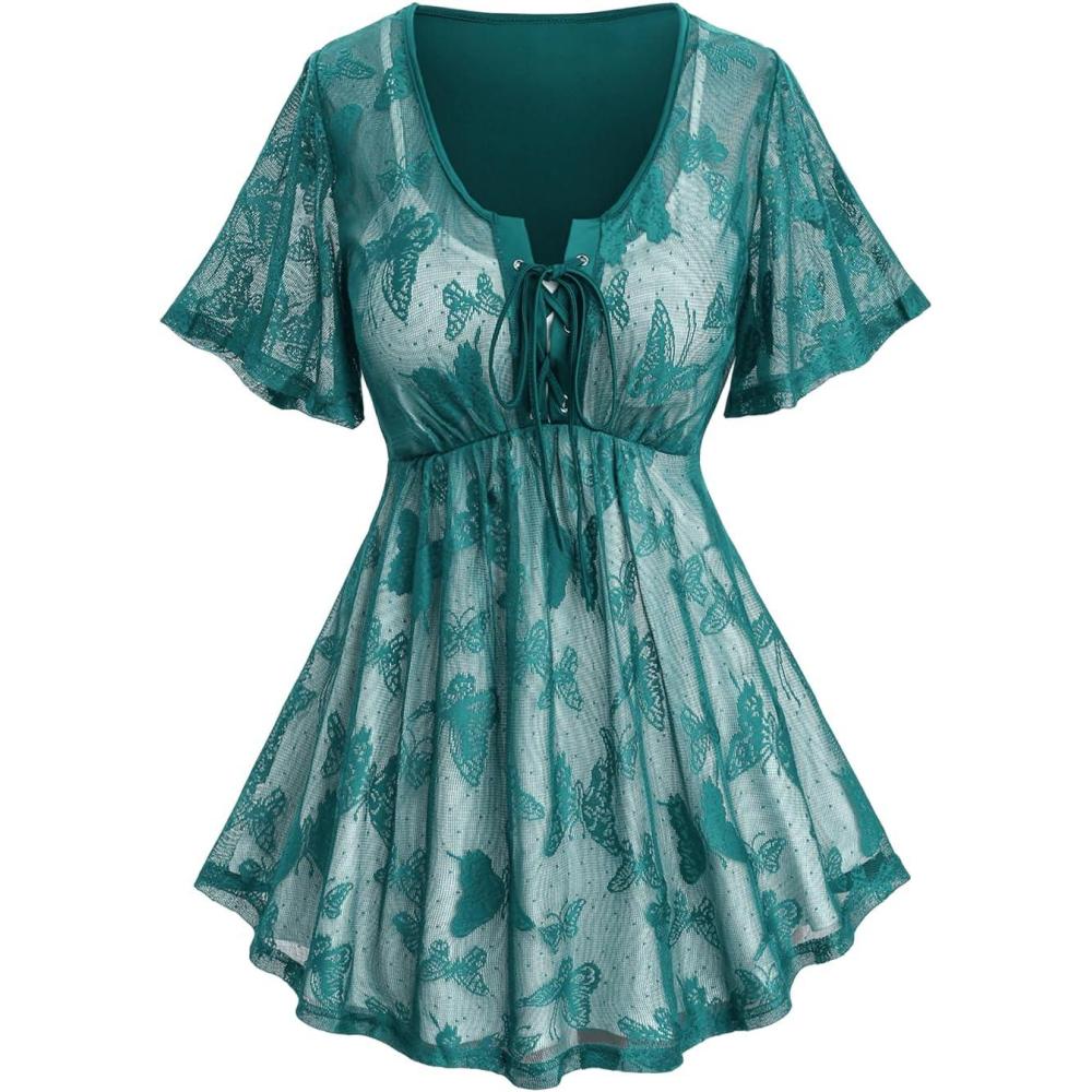 image:imageRosegal Plus Size Womens V Neck Butterfly Lace Overlay Laceup 2 in 1 Blouse Short Flutter Sleeve Flowy TopGreen1